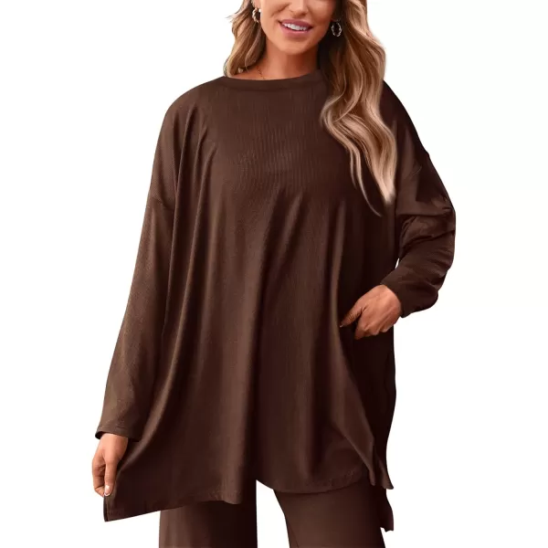 PRETTYGARDEN Womens Fall Two Piece Outfits Matching Lounge Sets Long Sleeve High Low Tops T Shirts Wide Leg Pants TracksuitsLight Coffee