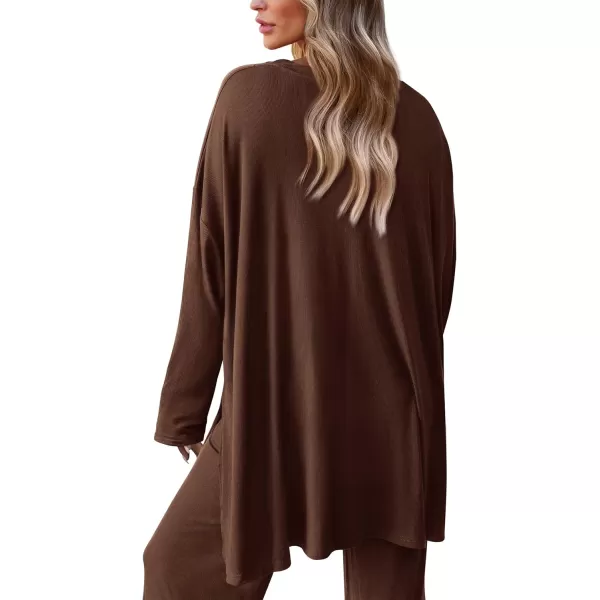 PRETTYGARDEN Womens Fall Two Piece Outfits Matching Lounge Sets Long Sleeve High Low Tops T Shirts Wide Leg Pants TracksuitsLight Coffee