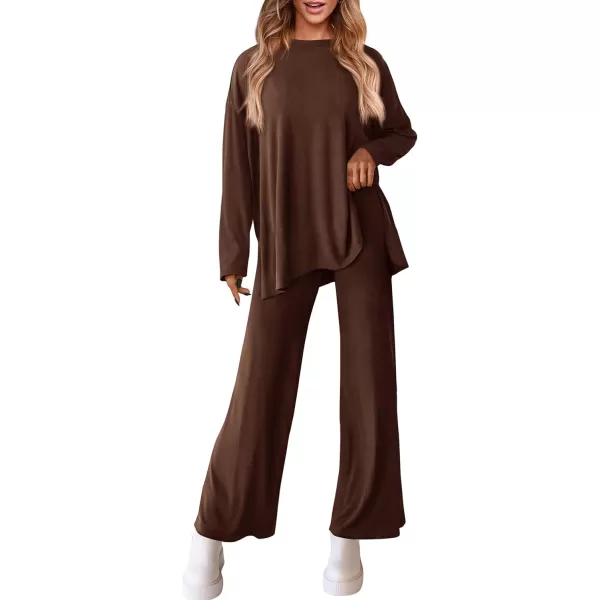 PRETTYGARDEN Womens Fall Two Piece Outfits Matching Lounge Sets Long Sleeve High Low Tops T Shirts Wide Leg Pants TracksuitsLight Coffee