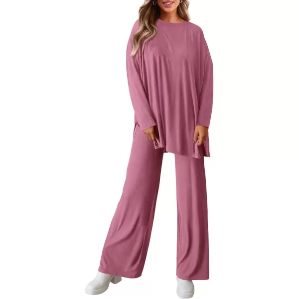 PRETTYGARDEN Womens Fall Two Piece Outfits Matching Lounge Sets Long Sleeve High Low Tops T Shirts Wide Leg Pants TracksuitsPink