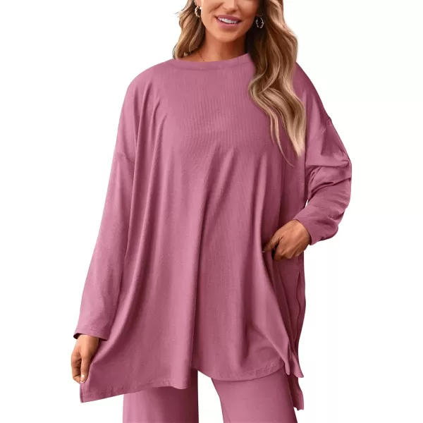 PRETTYGARDEN Womens Fall Two Piece Outfits Matching Lounge Sets Long Sleeve High Low Tops T Shirts Wide Leg Pants TracksuitsPink
