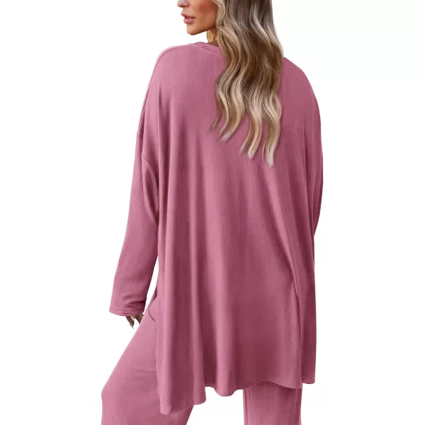 PRETTYGARDEN Womens Fall Two Piece Outfits Matching Lounge Sets Long Sleeve High Low Tops T Shirts Wide Leg Pants TracksuitsPink