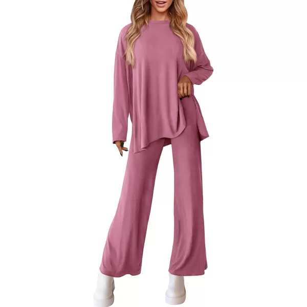 PRETTYGARDEN Womens Fall Two Piece Outfits Matching Lounge Sets Long Sleeve High Low Tops T Shirts Wide Leg Pants TracksuitsPink