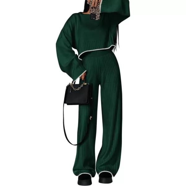 PRETTYGARDEN Womens 2 Piece Fall Outfits Long Sleeve Crop Top Wide Leg Pants Knit Pullover Sweater Lounge SetDark Green