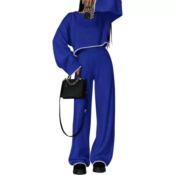 PRETTYGARDEN Womens 2 Piece Fall Outfits Long Sleeve Crop Top Wide Leg Pants Knit Pullover Sweater Lounge SetRoyal Blue