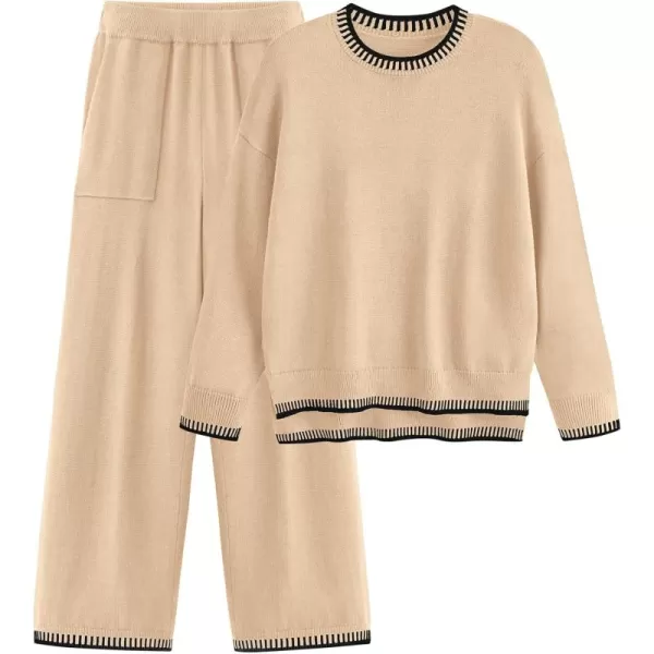 PRETTYGARDEN Womens 2 Piece Knit Sweater Outfit Casual Long Sleeve Pullover Wide Leg Pants Tracksuit Loungewear SetBeige