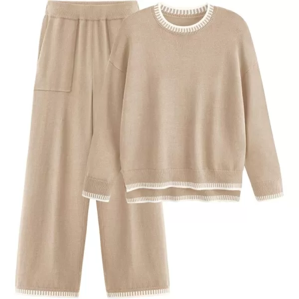 PRETTYGARDEN Womens 2 Piece Knit Sweater Outfit Casual Long Sleeve Pullover Wide Leg Pants Tracksuit Loungewear SetBeige Apricot