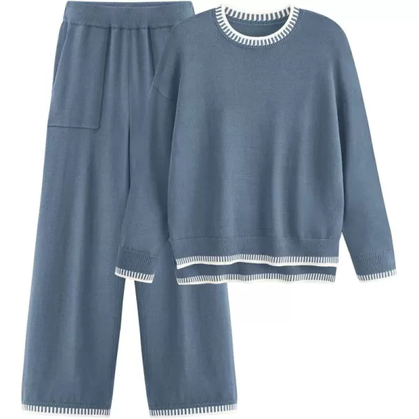 PRETTYGARDEN Womens 2 Piece Knit Sweater Outfit Casual Long Sleeve Pullover Wide Leg Pants Tracksuit Loungewear SetHaze Blue