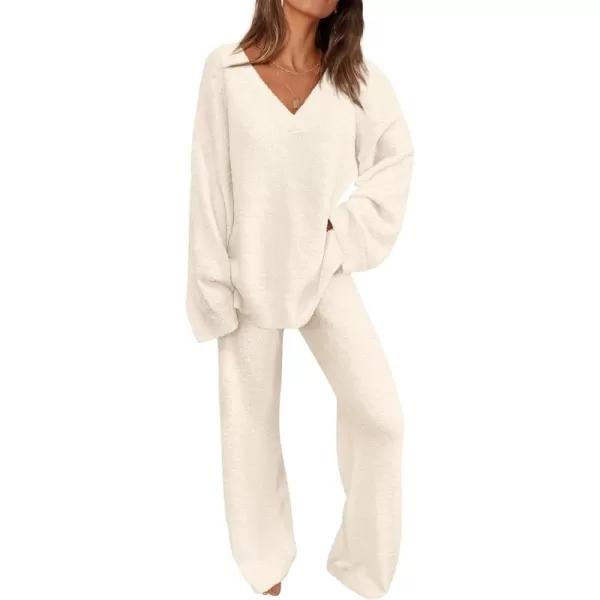 PRETTYGARDEN Womens 2 Piece Pullover Sweater Set Oversized V Neck Top Wide Leg Pants Fall Winter Fuzzy Lounge OutfitBeige