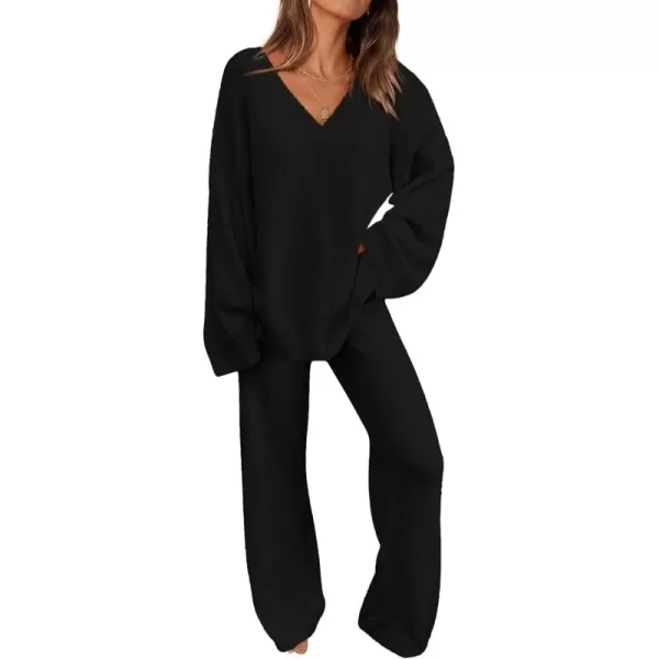 PRETTYGARDEN Womens 2 Piece Pullover Sweater Set Oversized V Neck Top Wide Leg Pants Fall Winter Fuzzy Lounge OutfitBlack