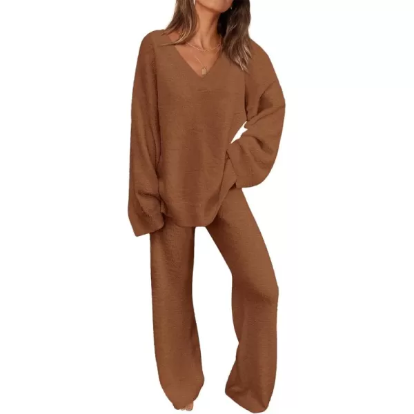 PRETTYGARDEN Womens 2 Piece Pullover Sweater Set Oversized V Neck Top Wide Leg Pants Fall Winter Fuzzy Lounge OutfitBrown