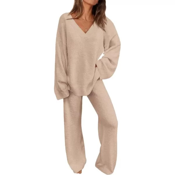 PRETTYGARDEN Womens 2 Piece Pullover Sweater Set Oversized V Neck Top Wide Leg Pants Fall Winter Fuzzy Lounge OutfitKhaki