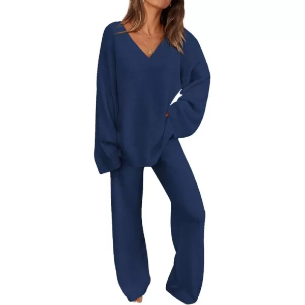 PRETTYGARDEN Womens 2 Piece Pullover Sweater Set Oversized V Neck Top Wide Leg Pants Fall Winter Fuzzy Lounge OutfitNavy