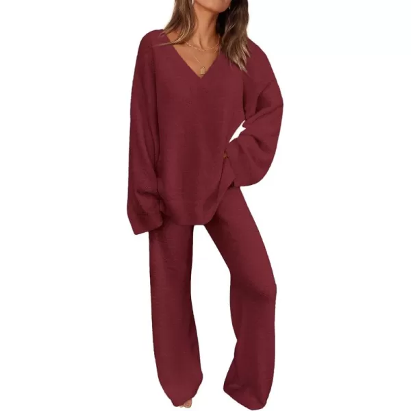 PRETTYGARDEN Womens 2 Piece Pullover Sweater Set Oversized V Neck Top Wide Leg Pants Fall Winter Fuzzy Lounge OutfitWine Red
