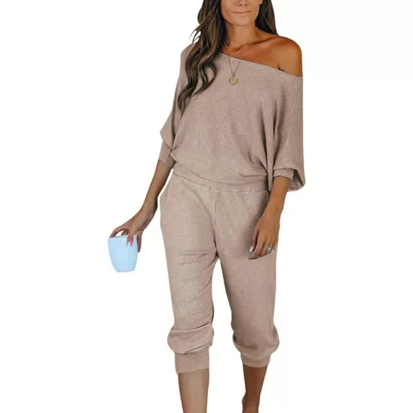 PRETTYGARDEN Womens 2 Piece Ribbed Tracksuit Outfits Off Shoulder Long Sleeve Pullover Lounge Pants with PocketsApricot