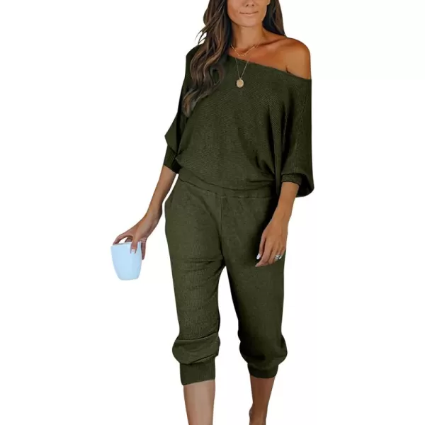 PRETTYGARDEN Womens 2 Piece Ribbed Tracksuit Outfits Off Shoulder Long Sleeve Pullover Lounge Pants with PocketsArmy Green