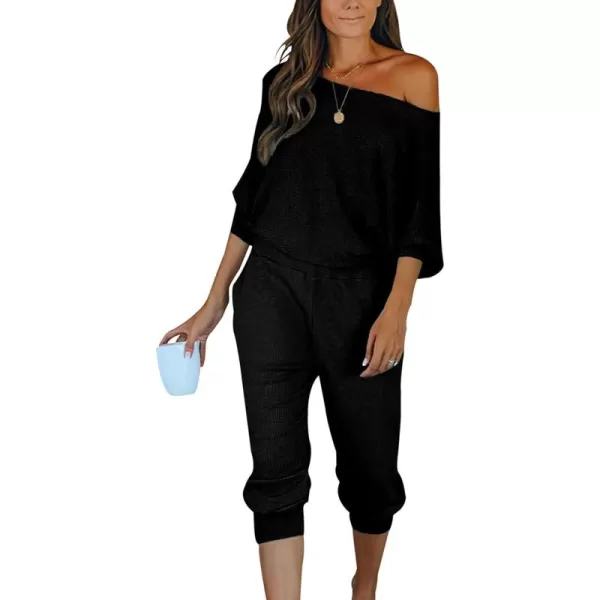 PRETTYGARDEN Womens 2 Piece Ribbed Tracksuit Outfits Off Shoulder Long Sleeve Pullover Lounge Pants with PocketsBlack
