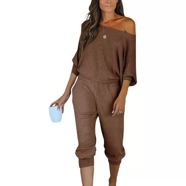 PRETTYGARDEN Womens 2 Piece Ribbed Tracksuit Outfits Off Shoulder Long Sleeve Pullover Lounge Pants with PocketsCoffee