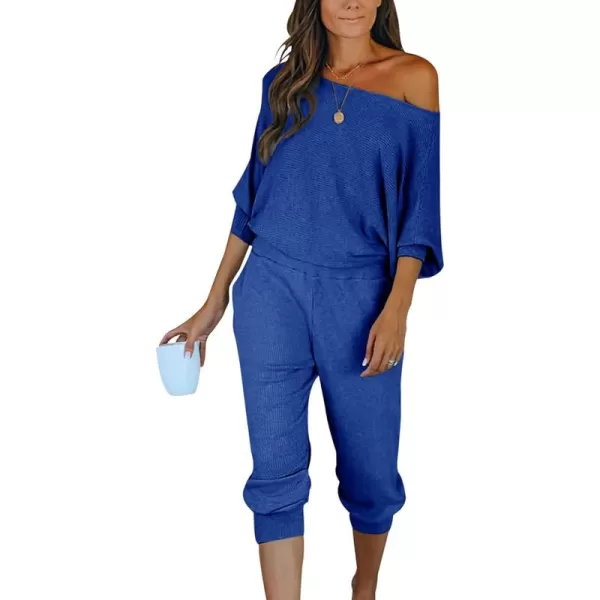 PRETTYGARDEN Womens 2 Piece Ribbed Tracksuit Outfits Off Shoulder Long Sleeve Pullover Lounge Pants with PocketsDark Blue
