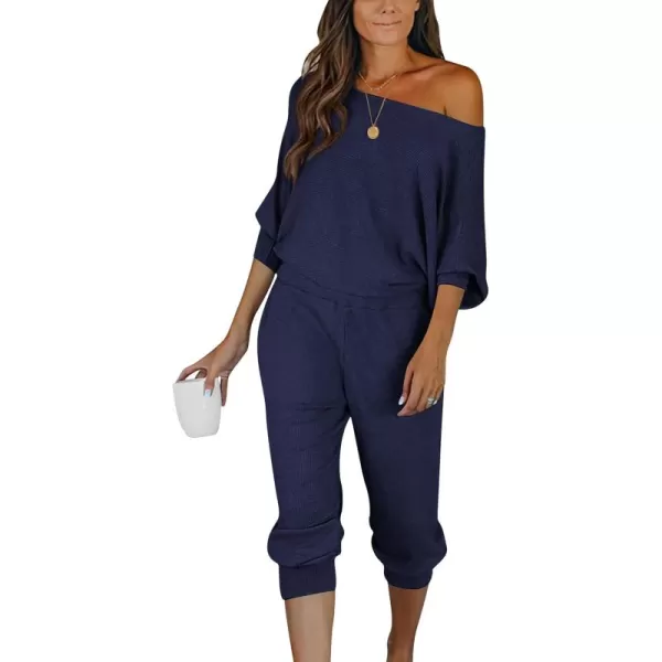 PRETTYGARDEN Womens 2 Piece Ribbed Tracksuit Outfits Off Shoulder Long Sleeve Pullover Lounge Pants with PocketsDark Sea Blue