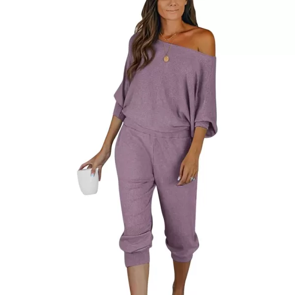 PRETTYGARDEN Womens 2 Piece Ribbed Tracksuit Outfits Off Shoulder Long Sleeve Pullover Lounge Pants with PocketsDeep Purple