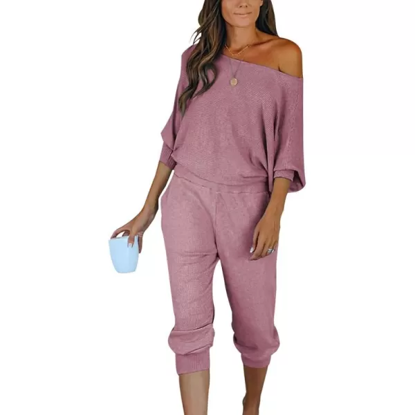 PRETTYGARDEN Womens 2 Piece Ribbed Tracksuit Outfits Off Shoulder Long Sleeve Pullover Lounge Pants with PocketsDusty Pink