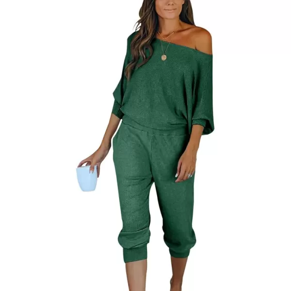 PRETTYGARDEN Womens 2 Piece Ribbed Tracksuit Outfits Off Shoulder Long Sleeve Pullover Lounge Pants with PocketsGreen