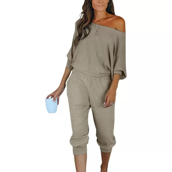 PRETTYGARDEN Womens 2 Piece Ribbed Tracksuit Outfits Off Shoulder Long Sleeve Pullover Lounge Pants with PocketsGrey