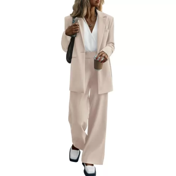 PRETTYGARDEN Womens 2024 Fall Two Piece Outfits Blazer Jacket and Wide Leg Pants Pockets Business Casual Suit SetsBeige