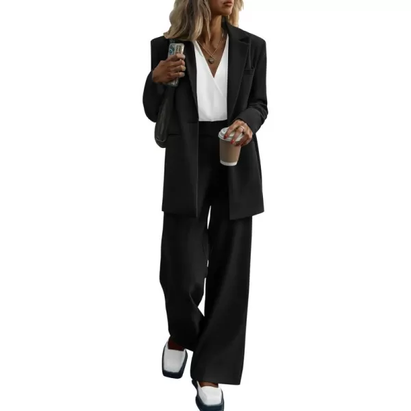 PRETTYGARDEN Womens 2024 Fall Two Piece Outfits Blazer Jacket and Wide Leg Pants Pockets Business Casual Suit SetsBlack