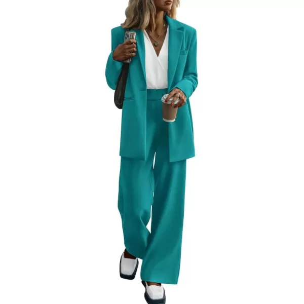 PRETTYGARDEN Womens 2024 Fall Two Piece Outfits Blazer Jacket and Wide Leg Pants Pockets Business Casual Suit SetsBlue Green