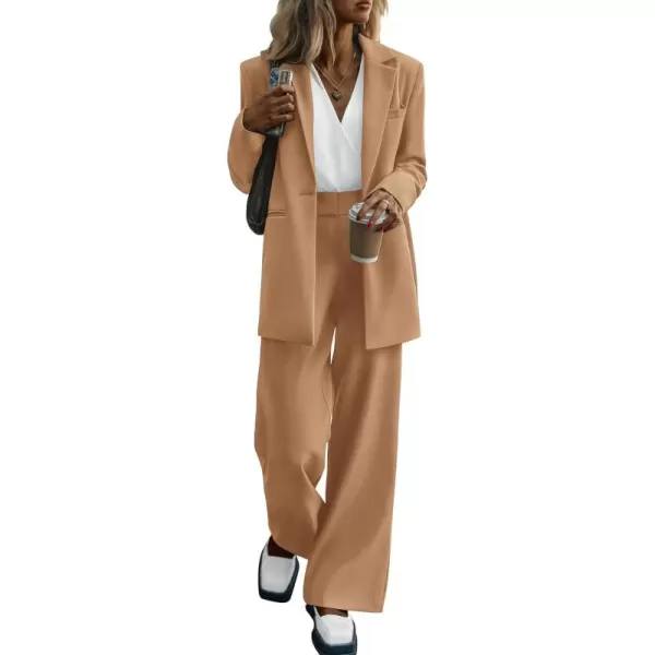 PRETTYGARDEN Womens 2024 Fall Two Piece Outfits Blazer Jacket and Wide Leg Pants Pockets Business Casual Suit SetsKhaki