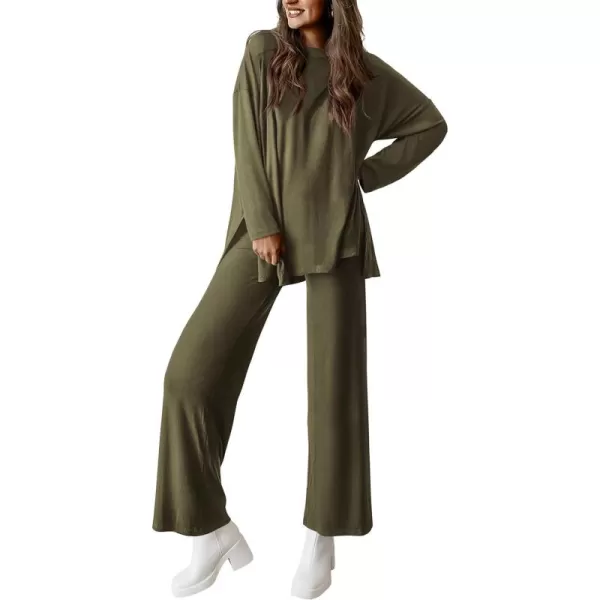 PRETTYGARDEN Womens Fall Two Piece Outfits Matching Lounge Sets Long Sleeve High Low Tops T Shirts Wide Leg Pants TracksuitsArmy Green