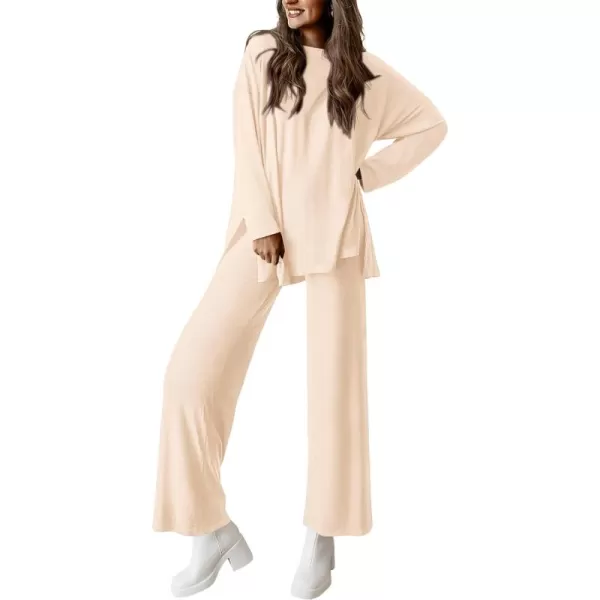 PRETTYGARDEN Womens Fall Two Piece Outfits Matching Lounge Sets Long Sleeve High Low Tops T Shirts Wide Leg Pants TracksuitsBeige