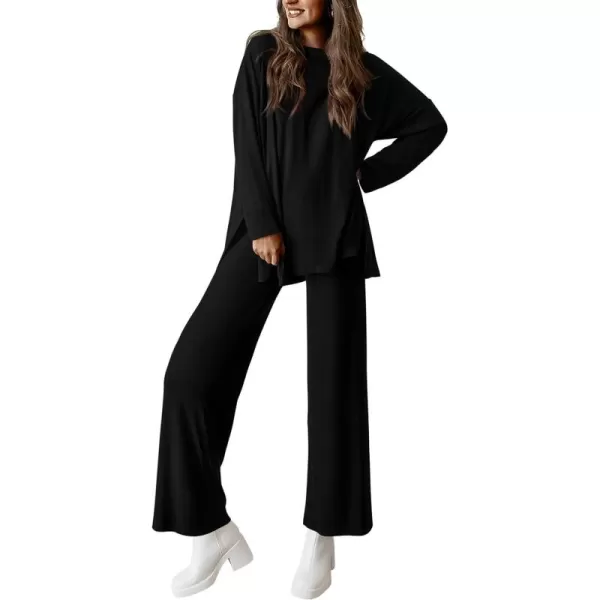 PRETTYGARDEN Womens Fall Two Piece Outfits Matching Lounge Sets Long Sleeve High Low Tops T Shirts Wide Leg Pants TracksuitsBlack