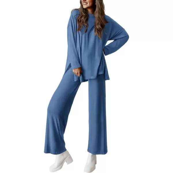 PRETTYGARDEN Womens Fall Two Piece Outfits Matching Lounge Sets Long Sleeve High Low Tops T Shirts Wide Leg Pants TracksuitsBlue