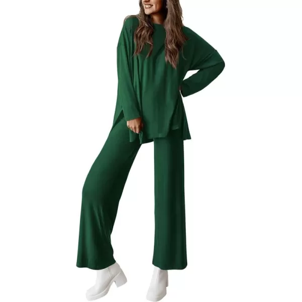 PRETTYGARDEN Womens Fall Two Piece Outfits Matching Lounge Sets Long Sleeve High Low Tops T Shirts Wide Leg Pants TracksuitsDark Green