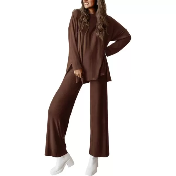 PRETTYGARDEN Womens Fall Two Piece Outfits Matching Lounge Sets Long Sleeve High Low Tops T Shirts Wide Leg Pants TracksuitsLight Coffee