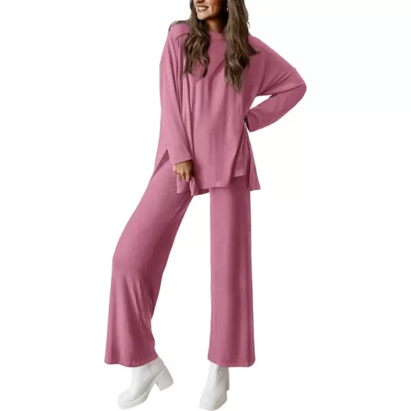 PRETTYGARDEN Womens Fall Two Piece Outfits Matching Lounge Sets Long Sleeve High Low Tops T Shirts Wide Leg Pants TracksuitsPink