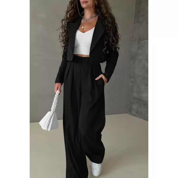 PRETTYGARDEN Womens 2 Piece Casual Outfits Cropped Blazer Jackets High Waisted Wide Leg Work Pants Suit SetBlack