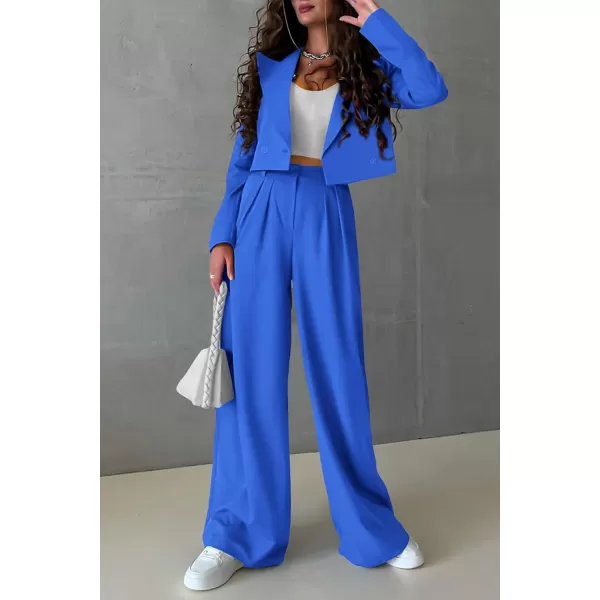 PRETTYGARDEN Womens 2 Piece Casual Outfits Cropped Blazer Jackets High Waisted Wide Leg Work Pants Suit SetBlue