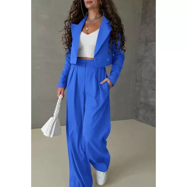 PRETTYGARDEN Womens 2 Piece Casual Outfits Cropped Blazer Jackets High Waisted Wide Leg Work Pants Suit SetBlue
