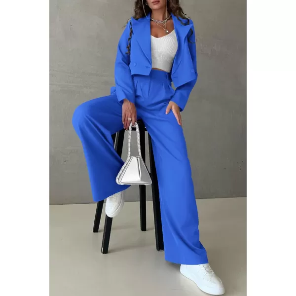 PRETTYGARDEN Womens 2 Piece Casual Outfits Cropped Blazer Jackets High Waisted Wide Leg Work Pants Suit SetBlue