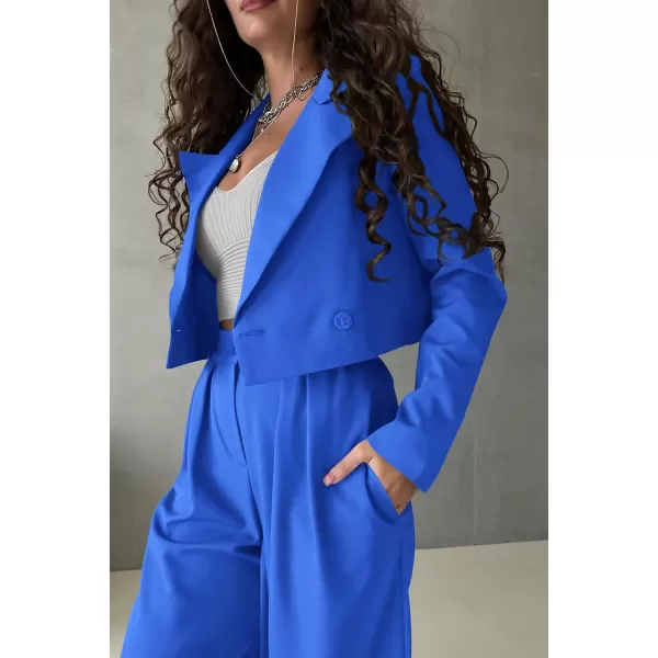 PRETTYGARDEN Womens 2 Piece Casual Outfits Cropped Blazer Jackets High Waisted Wide Leg Work Pants Suit SetBlue