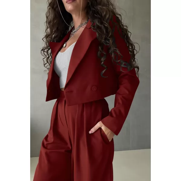 PRETTYGARDEN Womens 2 Piece Casual Outfits Cropped Blazer Jackets High Waisted Wide Leg Work Pants Suit SetBrown Red
