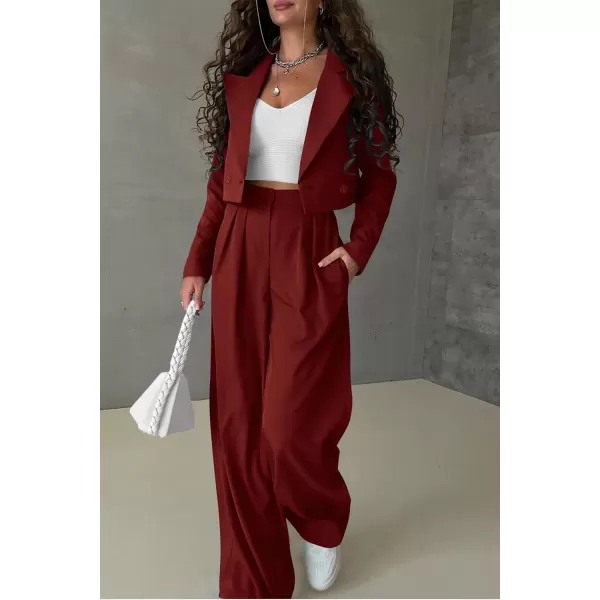 PRETTYGARDEN Womens 2 Piece Casual Outfits Cropped Blazer Jackets High Waisted Wide Leg Work Pants Suit SetBrown Red