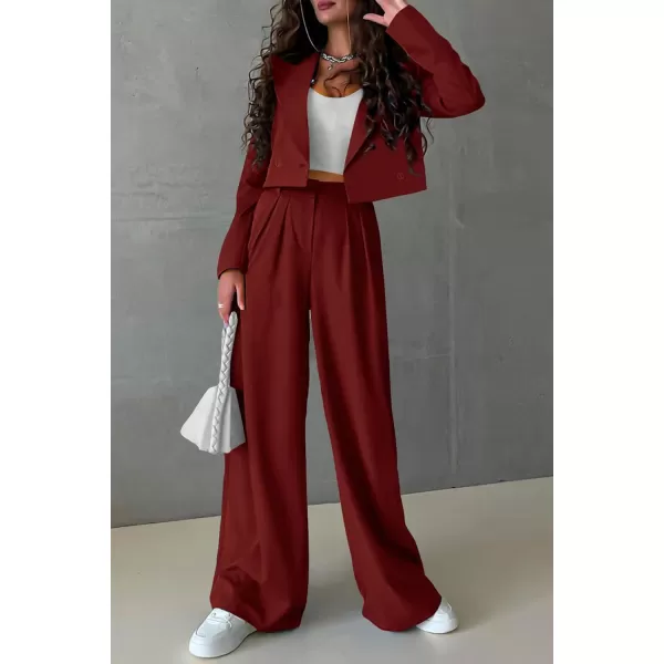 PRETTYGARDEN Womens 2 Piece Casual Outfits Cropped Blazer Jackets High Waisted Wide Leg Work Pants Suit SetBrown Red