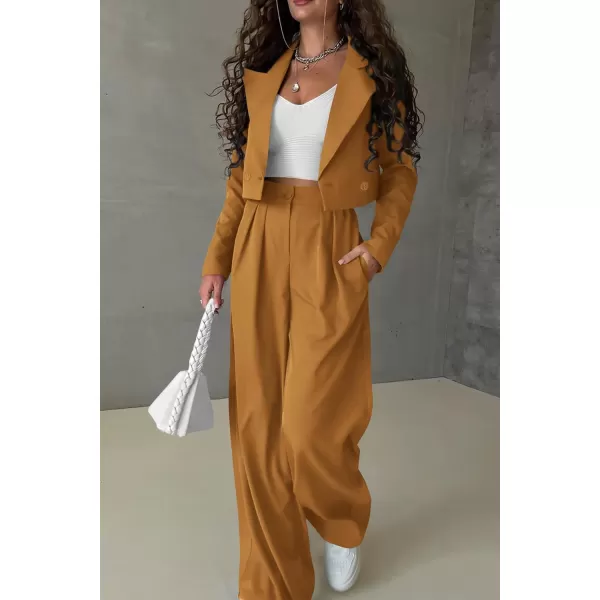PRETTYGARDEN Womens 2 Piece Casual Outfits Cropped Blazer Jackets High Waisted Wide Leg Work Pants Suit SetBrown Yellow