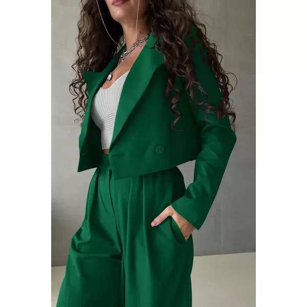 PRETTYGARDEN Womens 2 Piece Casual Outfits Cropped Blazer Jackets High Waisted Wide Leg Work Pants Suit SetGreen