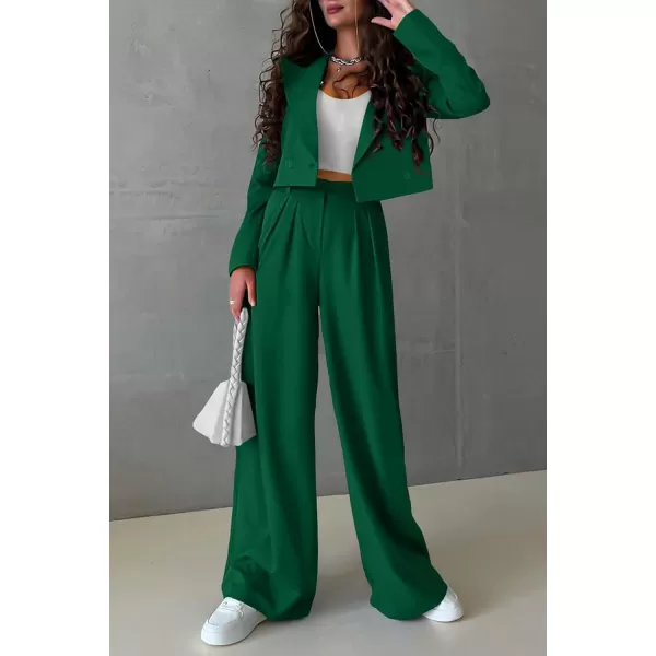 PRETTYGARDEN Womens 2 Piece Casual Outfits Cropped Blazer Jackets High Waisted Wide Leg Work Pants Suit SetGreen